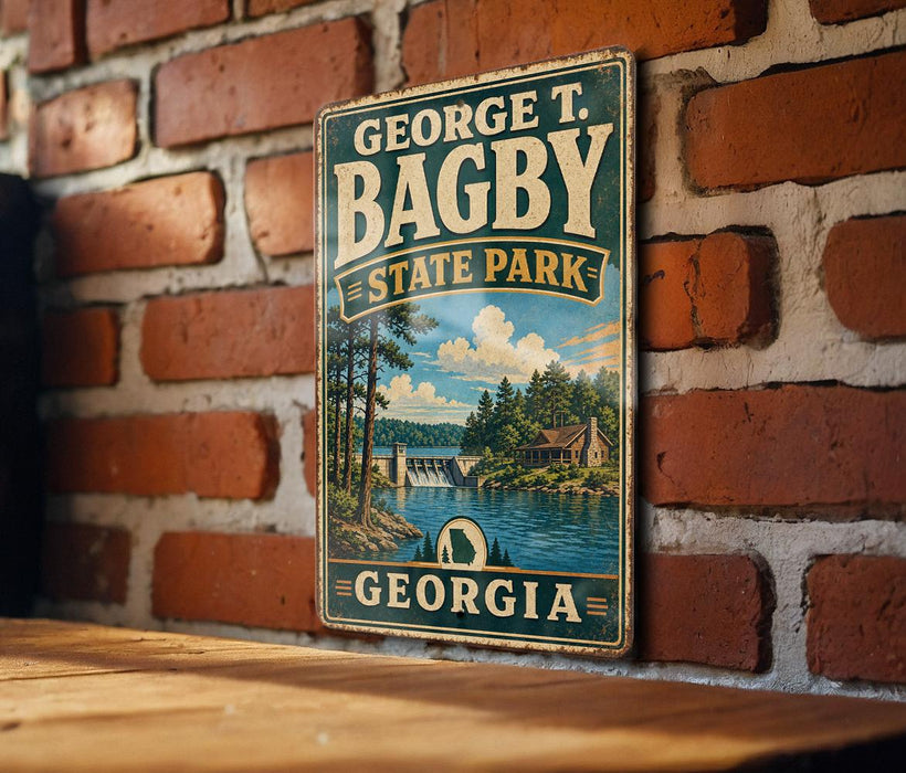 A vintage-style metal sign for George T. Bagby State Park in Georgia, featuring a scenic landscape with a lake and a small cabin.