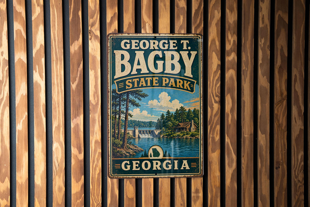 A vintage metal sign for George T. Bagby State Park in Georgia, featuring a scenic landscape with a river, trees, and a dam.