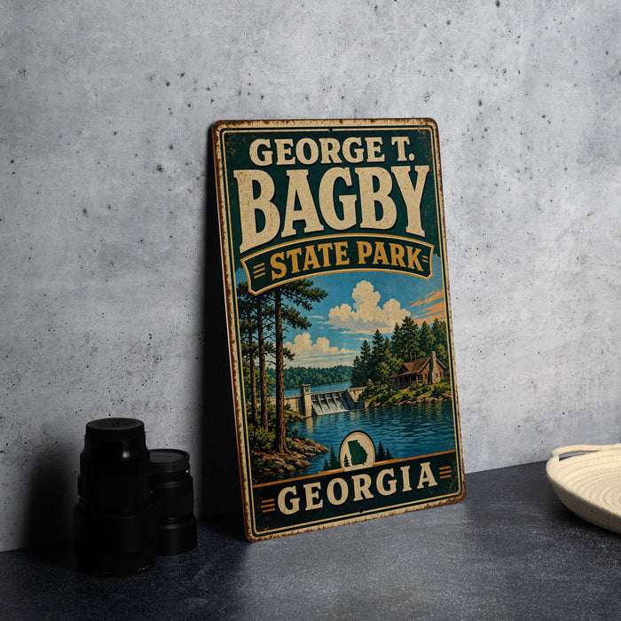 A vintage-style metal sign for George T. Bagby State Park in Georgia, featuring a scenic landscape with a river and trees.
