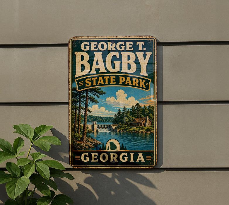 A vintage-style metal sign for George T. Bagby State Park in Georgia, featuring a scenic landscape with a lake, trees, and a bridge.