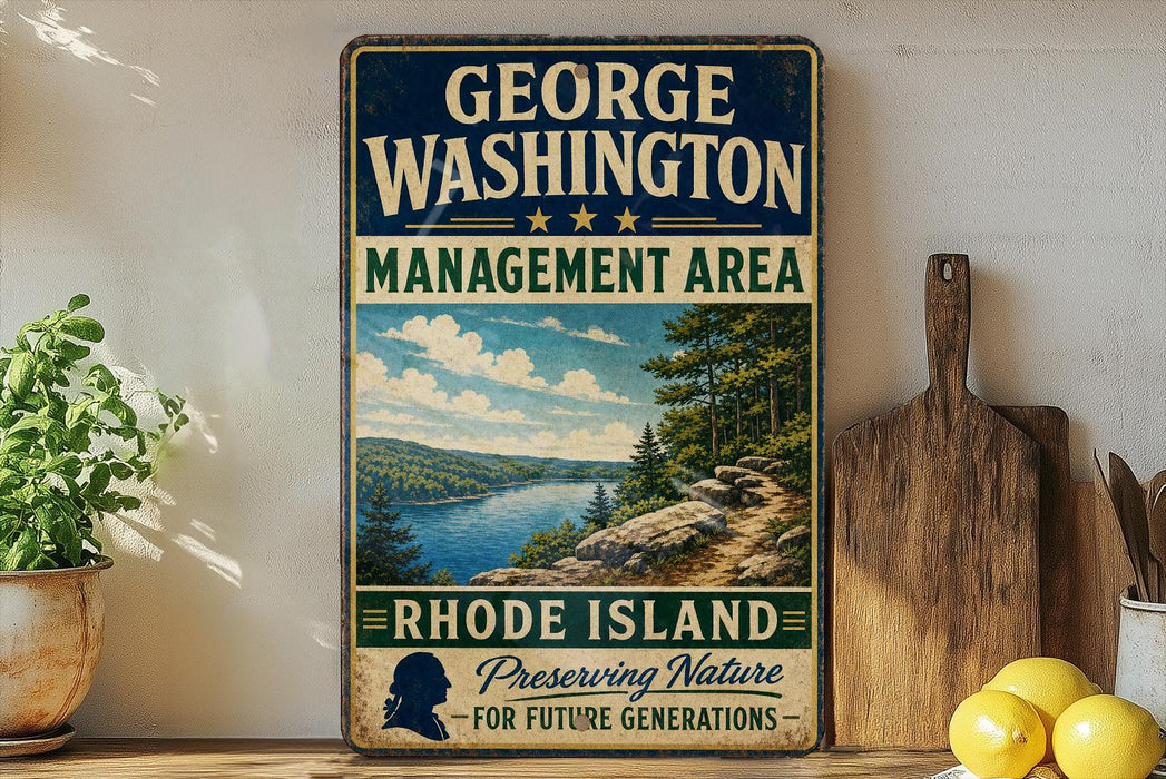 A vintage-style sign for the George Washington Management Area in Rhode Island, featuring a scenic landscape with a river and mountains.