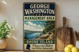 A vintage-style sign for the George Washington Management Area in Rhode Island, featuring a scenic landscape with a river and mountains.