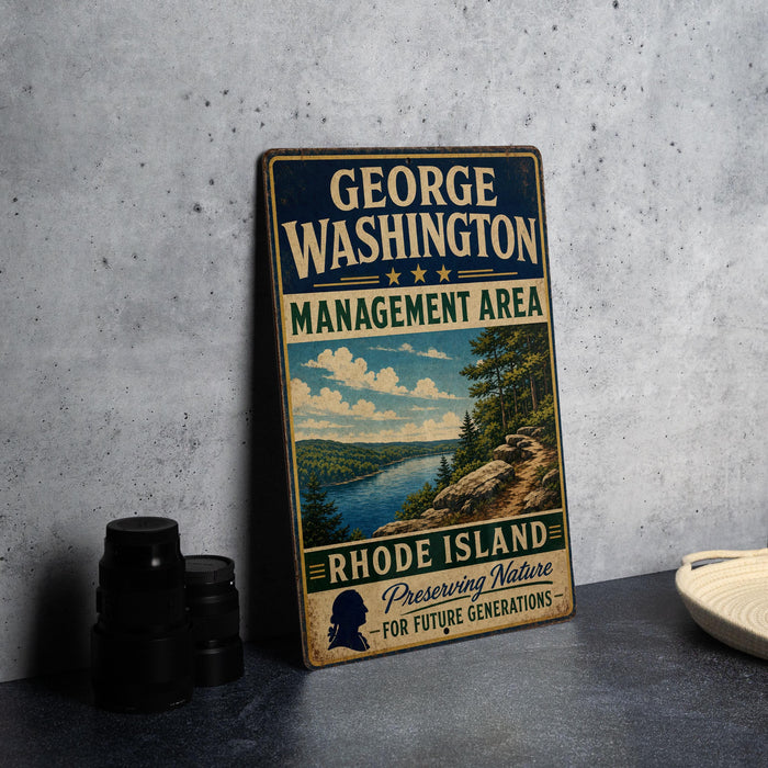 A vintage metal sign for the George Washington Management Area in Rhode Island, featuring a scenic landscape with a river and mountains.