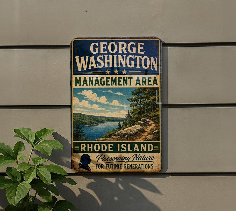 A vintage metal sign for the George Washington Management Area in Rhode Island, featuring a scenic landscape with a river and mountains.