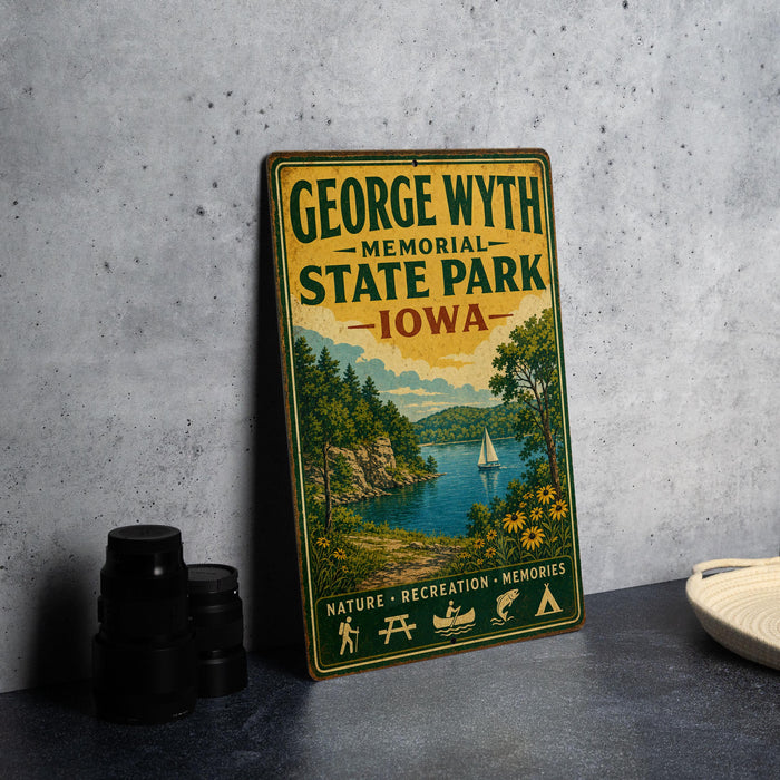 A vintage metal sign for George Wyth Memorial State Park in Iowa, featuring a scenic landscape with a lake, trees, and a sailboat.