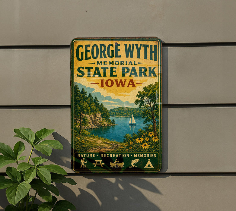 A vintage-style metal sign for George Wyth Memorial State Park in Iowa, featuring a scenic landscape with a lake, mountains, and a sailboat.