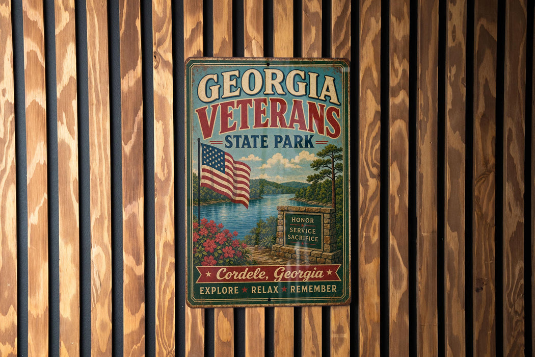 A vintage metal sign for Georgia Veterans State Park, featuring an American flag and a scenic landscape, is displayed on a wooden wall.