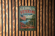 A vintage metal sign for Georgia Veterans State Park, featuring an American flag and a scenic landscape, is displayed on a wooden wall.