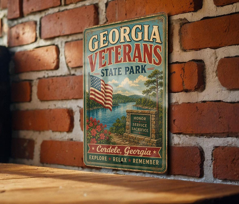 A vintage metal sign for Georgia Veterans State Park, featuring an American flag and a scenic landscape, is displayed on a brick wall.