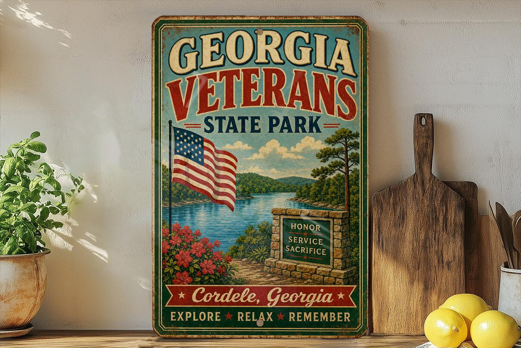 A vintage-style sign for Georgia Veterans State Park, featuring an American flag, a scenic landscape, and the text "Honor Service Sacrifice Cordele, Georgia EXPLORE * RELAX * REMEMBER".