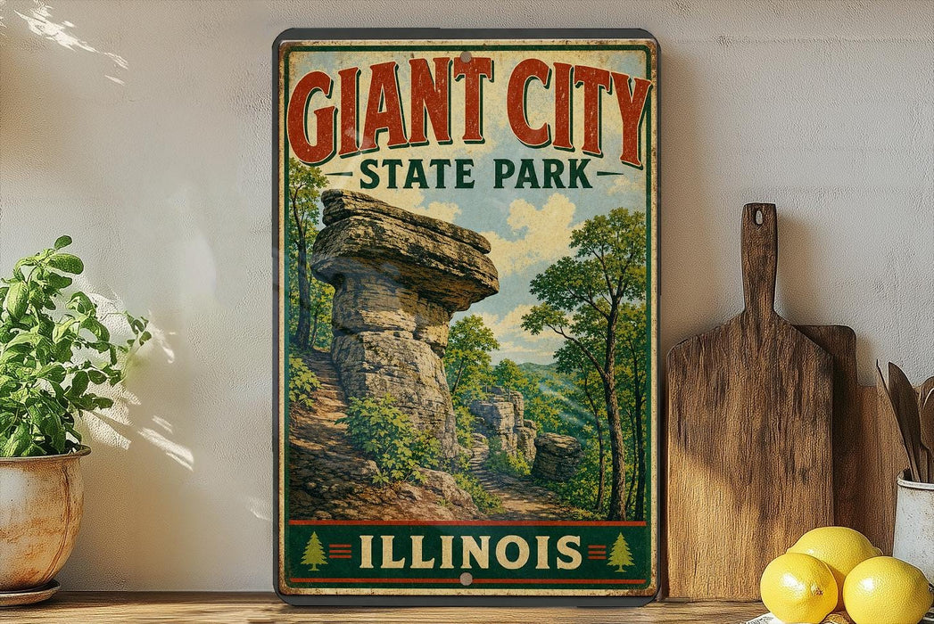 A vintage-style poster of Giant City State Park in Illinois, featuring a scenic landscape with a large rock formation and lush greenery.