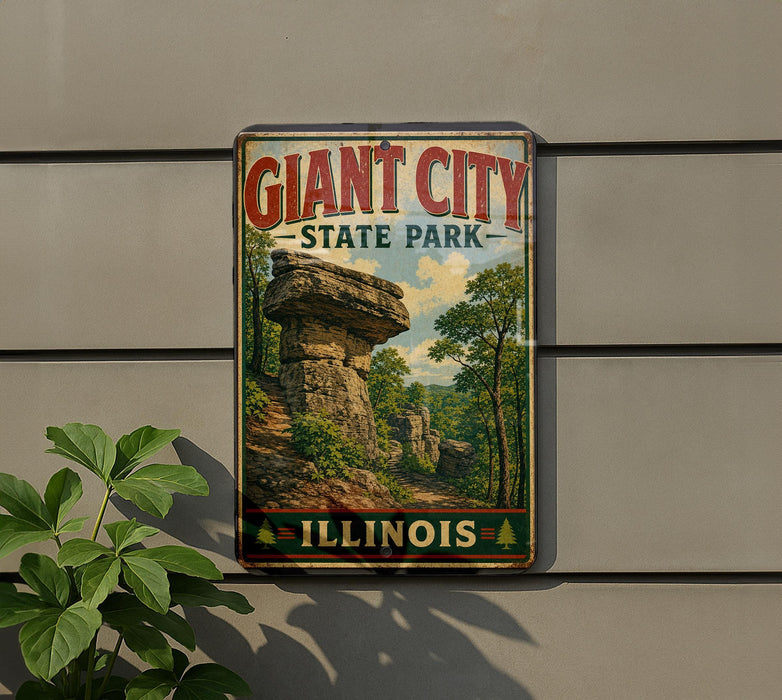 A vintage-style sign for Giant City State Park in Illinois, featuring a scenic landscape with a large rock formation and trees.