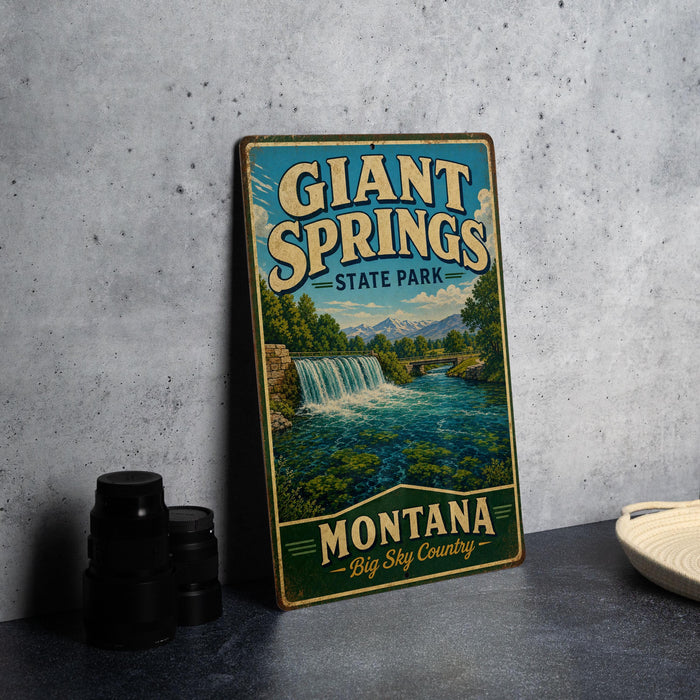 A vintage-style sign for the state park called "Giant Springs State Park" in Montana, featuring a scenic image of a waterfall and mountains.