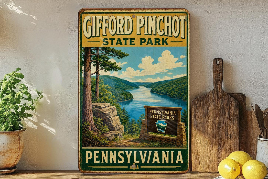 A vintage-style sign for Gifford Pinchot State Park in Pennsylvania, featuring a scenic landscape with a river and mountains.