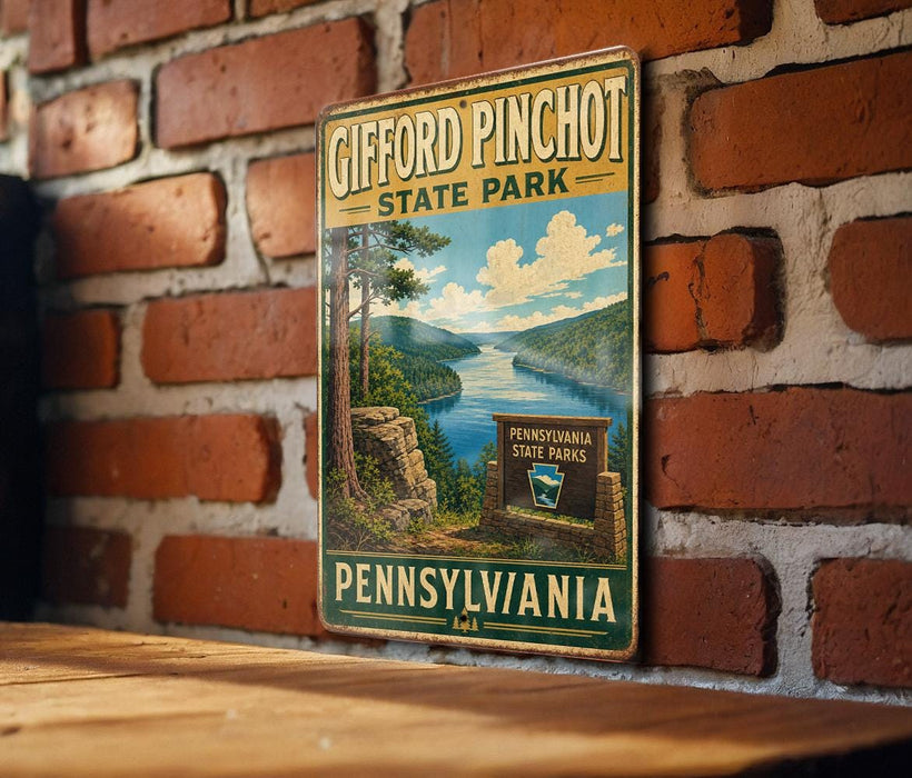 A vintage-style metal sign for Gifford Pinchot State Park, featuring a scenic landscape with a river and mountains.