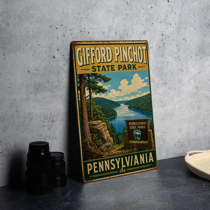 A vintage-style sign for Gifford Pinchot State Park, featuring a scenic landscape with a river and mountains, is displayed on a gray countertop.