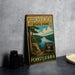 A vintage-style sign for Gifford Pinchot State Park, featuring a scenic landscape with a river and mountains, is displayed on a gray countertop.