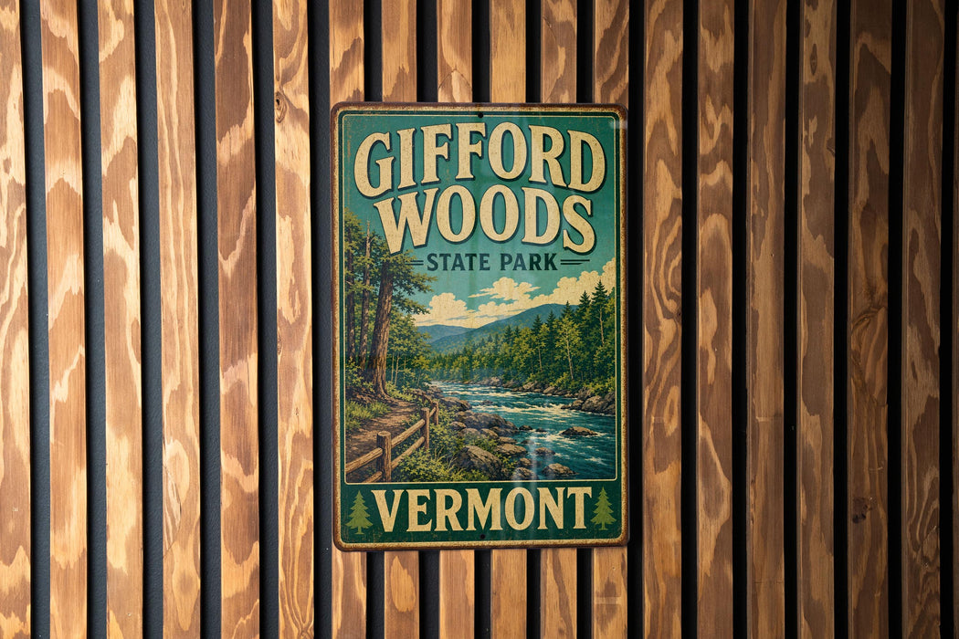 A vintage metal sign for Gifford Woods State Park in Vermont, featuring a scenic illustration of the park's natural surroundings.