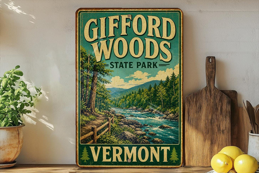 A vintage-style sign for Gifford Woods State Park in Vermont, featuring a scenic illustration of a forest and a river.