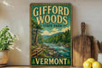 A vintage-style sign for Gifford Woods State Park in Vermont, featuring a scenic illustration of a forest and a river.