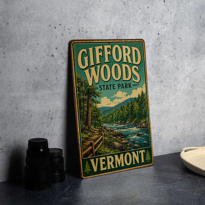 A vintage-style metal sign for Gifford Woods State Park in Vermont, featuring a scenic illustration of a forest and a river.