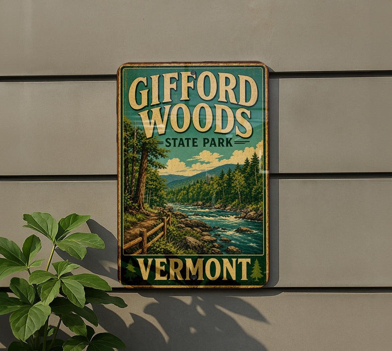A vintage-style sign for Gifford Woods State Park in Vermont, featuring a scenic landscape with a river and forest.