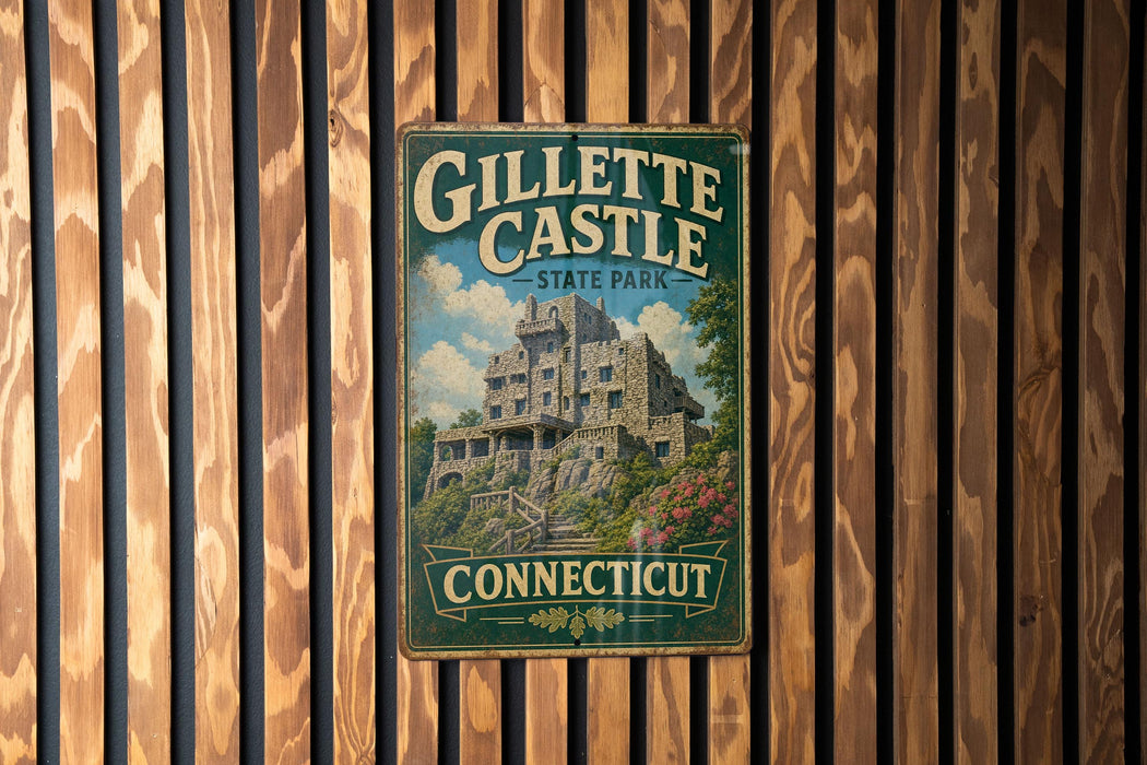 A vintage-style metal sign for Gillette Castle State Park in Connecticut, featuring an illustration of the castle and the words "Connecticut" below it.