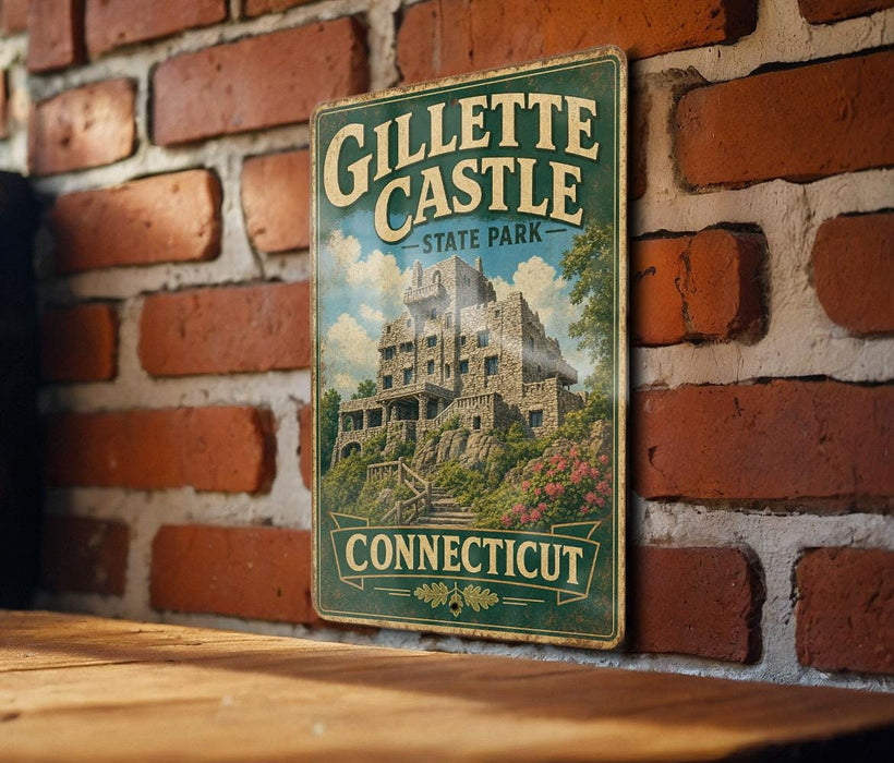 A vintage metal sign for Gillette Castle State Park in Connecticut, featuring an illustration of the castle and the words "Gillette Castle State Park Connecticut" on a brick wall.