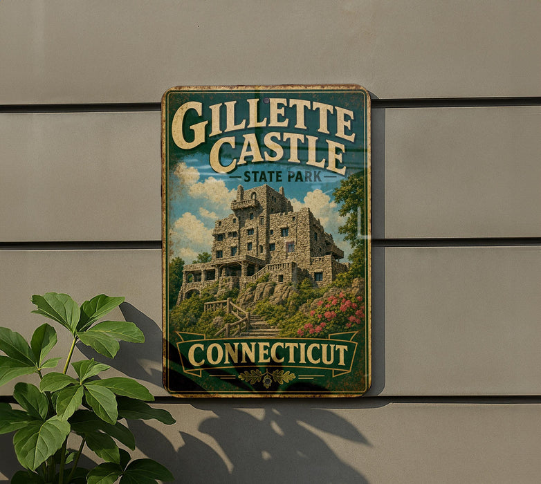 A vintage-style sign for Gillette Castle State Park in Connecticut, featuring a castle-like structure surrounded by greenery.