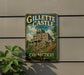 A vintage-style sign for Gillette Castle State Park in Connecticut, featuring a castle-like structure surrounded by greenery.