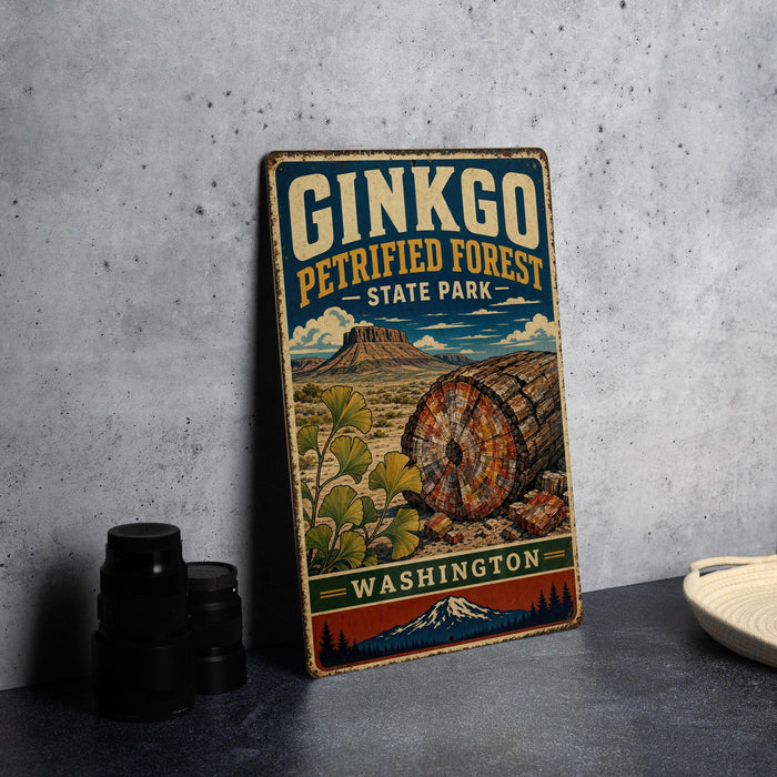 A vintage-style metal sign for Ginkgo Petrified Forest State Park in Washington, featuring an illustration of a forest and a mountain.