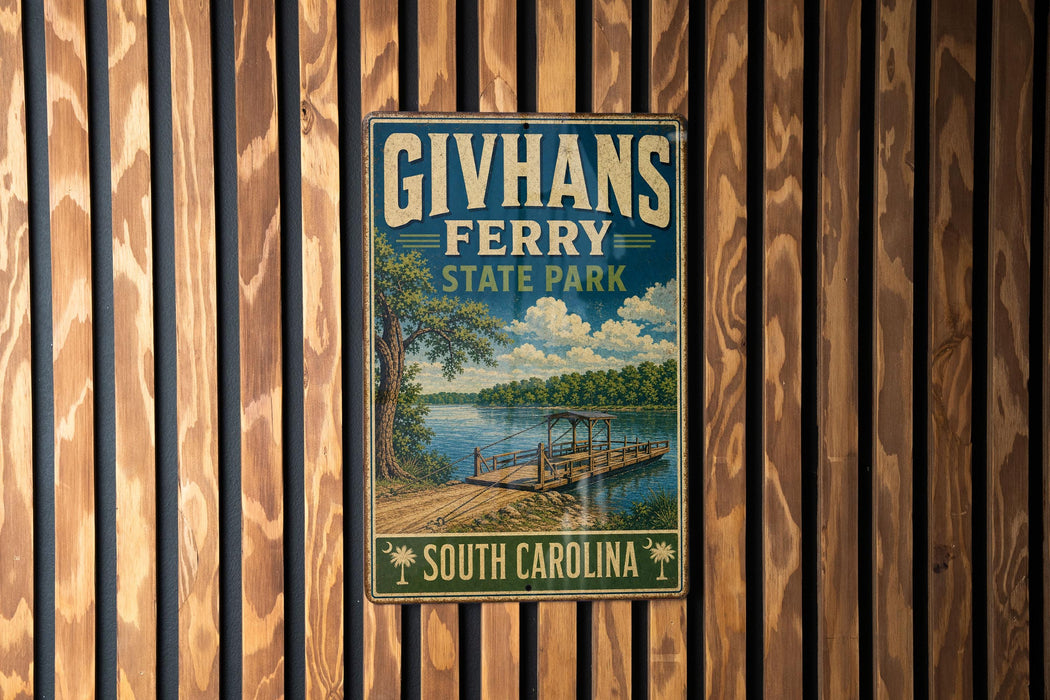 A vintage-style metal sign for Givhans Ferry State Park in South Carolina, featuring a scenic illustration of a lake and a dock.