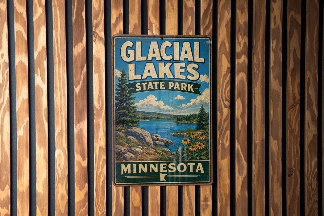 A vintage-style metal sign for Glacier Lakes State Park in Minnesota, featuring a scenic landscape with a lake, mountains, and pine trees.