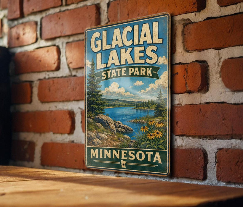A vintage-style metal sign for Glacial Lakes State Park in Minnesota, featuring a scenic landscape with a lake, mountains, and trees.