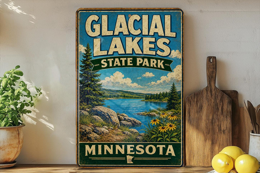 A vintage-style sign for Glacier Lakes State Park in Minnesota, featuring a scenic landscape with a lake, mountains, and pine trees.