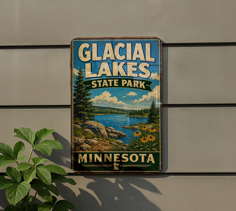 A vintage-style metal sign for Glacier Lakes State Park in Minnesota, featuring a scenic landscape with a lake, mountains, and pine trees.