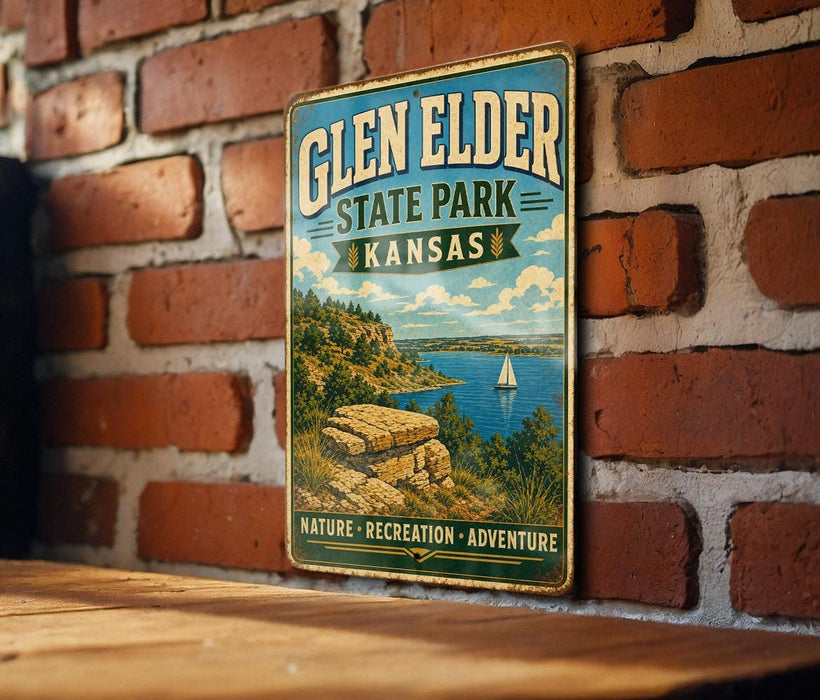 A vintage-style metal sign for Glen Elder State Park in Kansas, featuring a scenic landscape with a lake, mountains, and a sailboat.