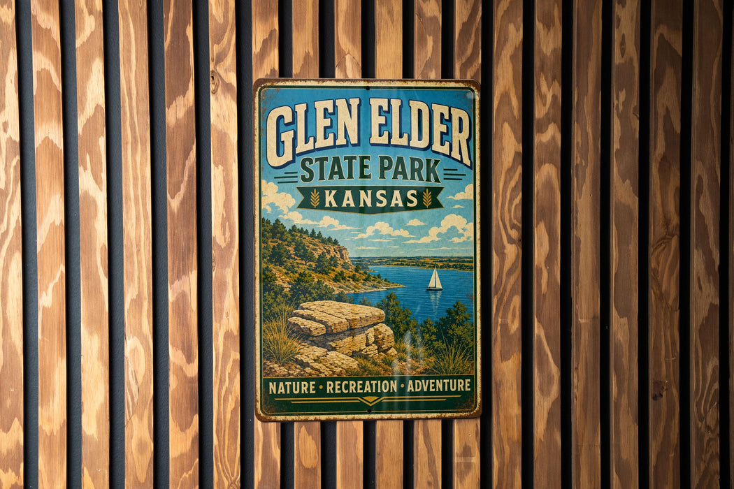 A vintage-style metal sign for Glen Elder State Park in Kansas, featuring a scenic landscape with a lake, mountains, and a sailboat.