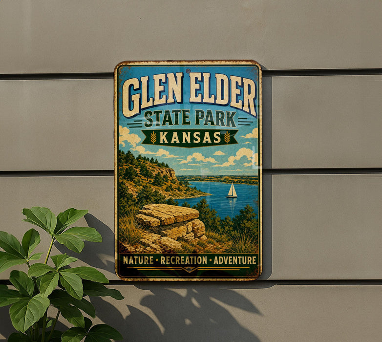 A vintage-style metal sign for Glen Elder State Park in Kansas, featuring a scenic landscape with a lake, mountains, and a sailboat.