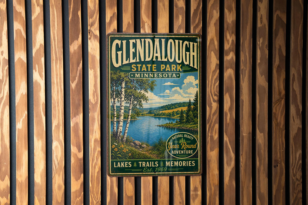 Glendalough State Park, Minnesota, is a vintage poster advertising Glendalough State Park, featuring a scenic landscape with a lake, trees, and mountains.