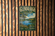 Glendalough State Park, Minnesota, is a vintage poster advertising Glendalough State Park, featuring a scenic landscape with a lake, trees, and mountains.