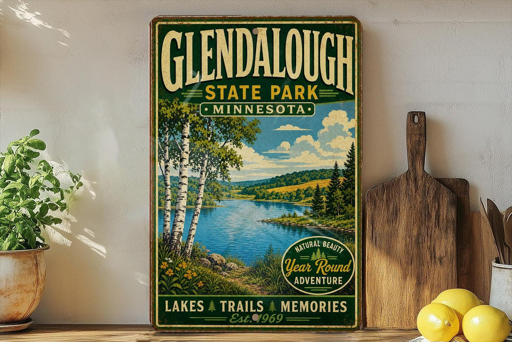 A vintage-style poster advertising Glendalough State Park in Minnesota, featuring a scenic landscape with a lake, trees, and mountains.