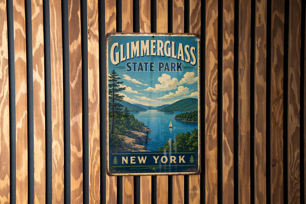 A vintage-style metal sign for Glimmerglass State Park in New York, featuring a scenic landscape with a lake, mountains, and a sailboat.
