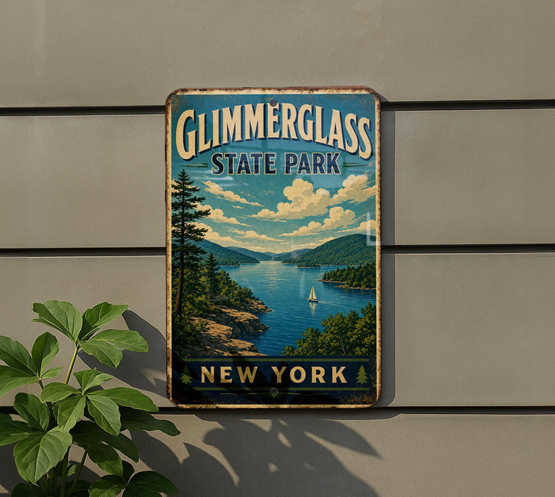 A vintage-style metal sign for Glimmerglass State Park in New York, featuring a scenic landscape with a lake, mountains, and a sailboat.
