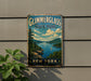 A vintage-style metal sign for Glimmerglass State Park in New York, featuring a scenic landscape with a lake, mountains, and a sailboat.