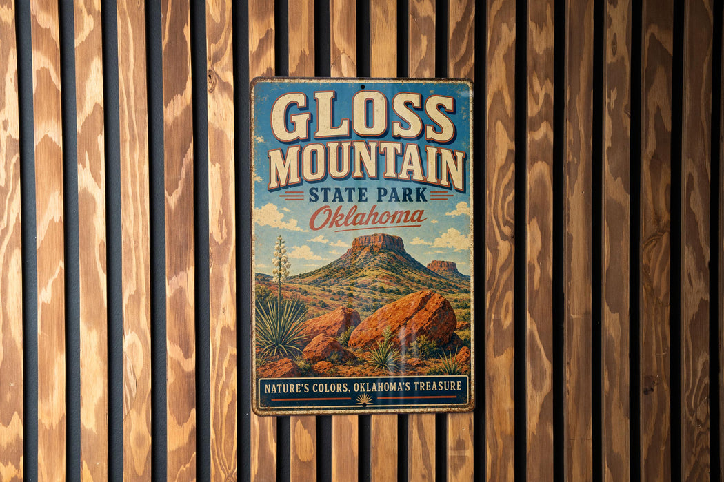 A vintage metal sign for Gloss Mountain State Park in Oklahoma, featuring a scenic illustration of the park's landscape.