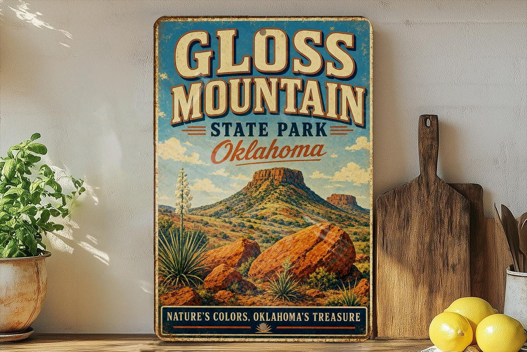 A vintage-style poster of Gloss Mountain State Park in Oklahoma, featuring a desert landscape with mountains and cacti.