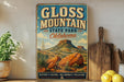 A vintage-style poster of Gloss Mountain State Park in Oklahoma, featuring a desert landscape with mountains and cacti.