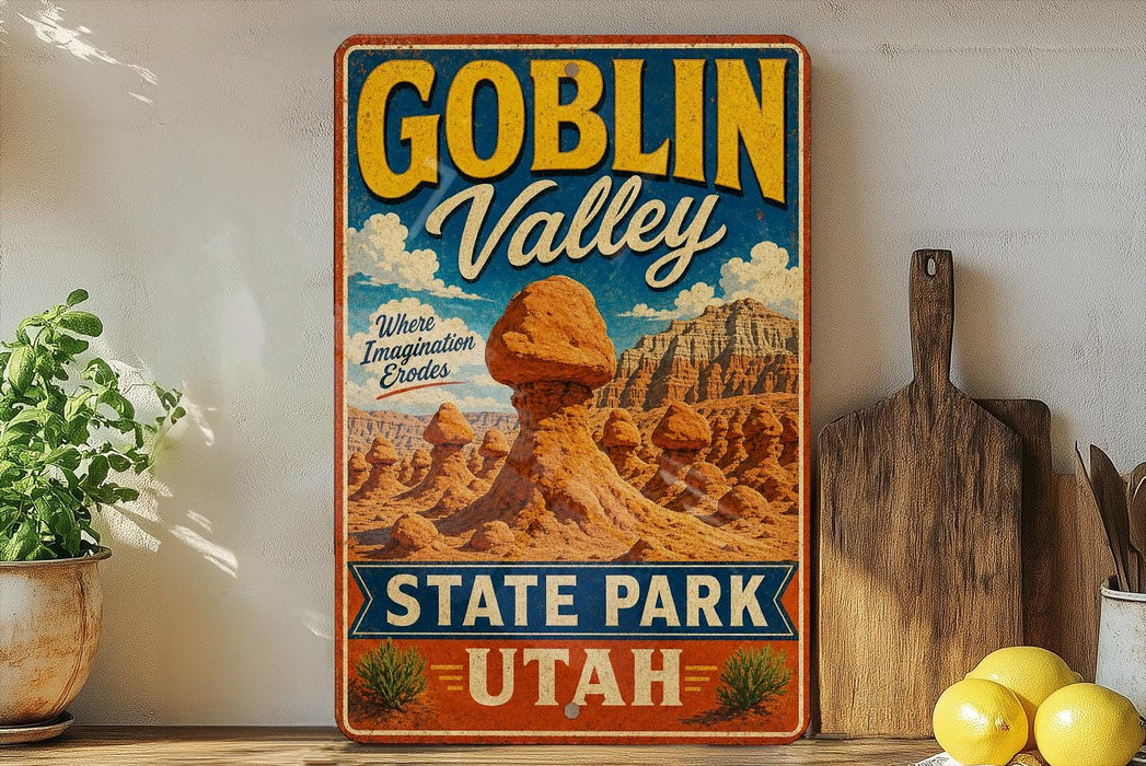 A vintage-style sign for Goblin Valley State Park in Utah, featuring a desert landscape with a large rock formation.