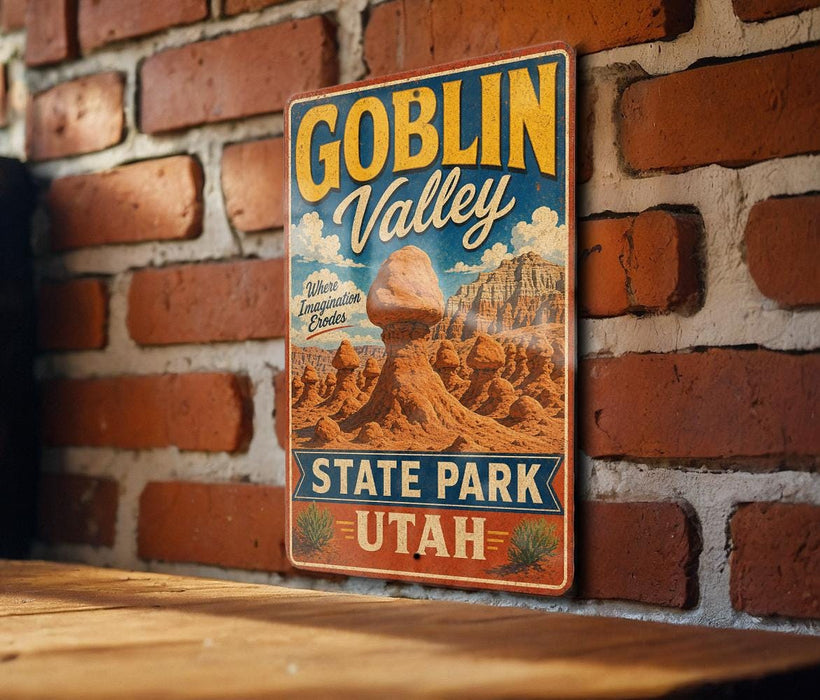 A vintage-style sign for Goblin Valley State Park in Utah, featuring a desert landscape with a large rock formation.
